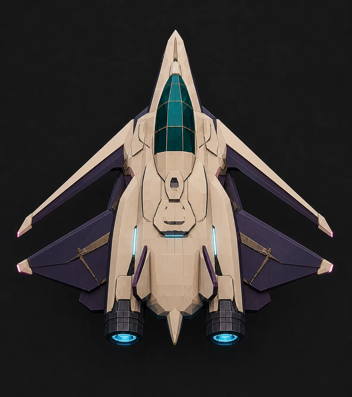 Generated top-view concept showing four separate wings, pink wingtip lights, an ivory hull, and a green canopy