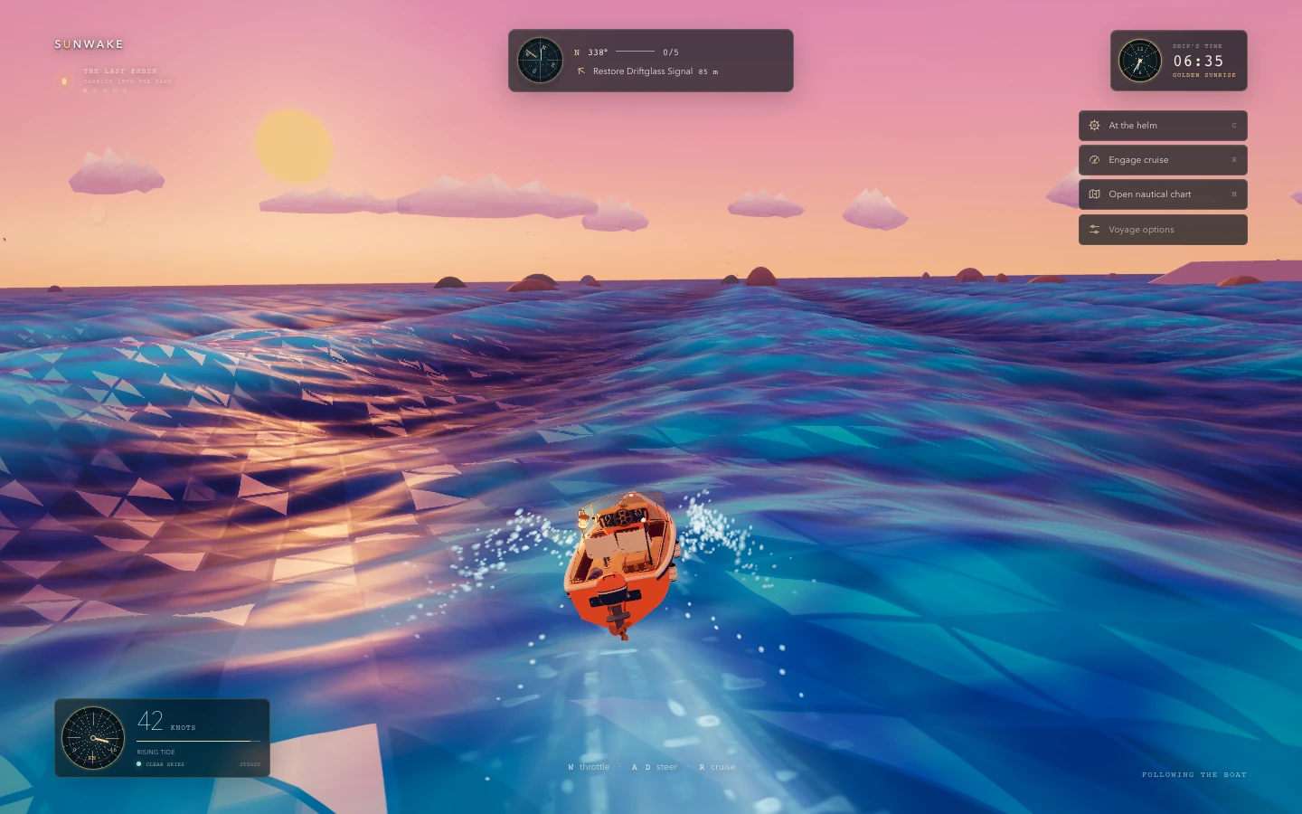 Sunwake gameplay showing an orange boat leaving a foamy wake across blue faceted waves under a pink sunrise