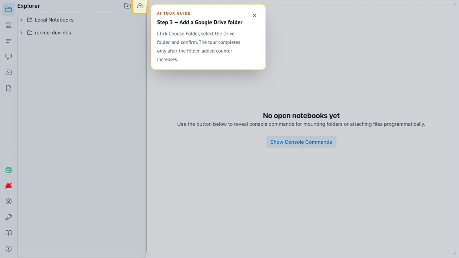 Codex highlights the control for adding a Google Drive folder in Runme.