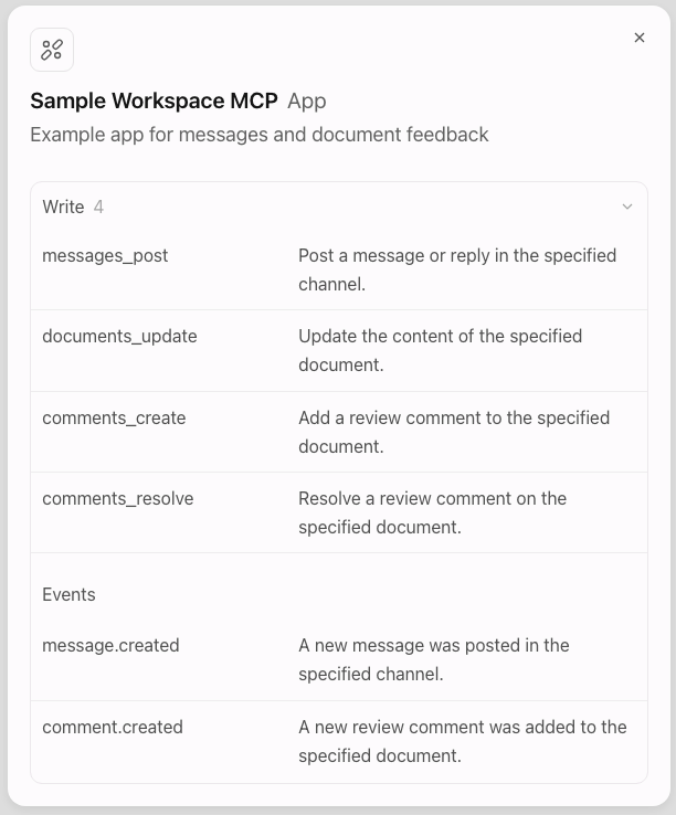 Plugin details showing message.created and comment.created events alongside MCP tools.