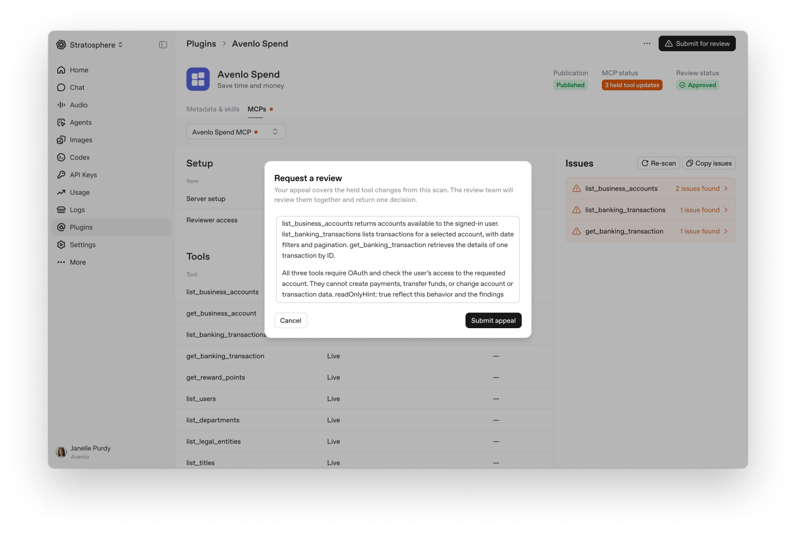 Appeal dialog explaining that review covers the held tool changes from the scan.