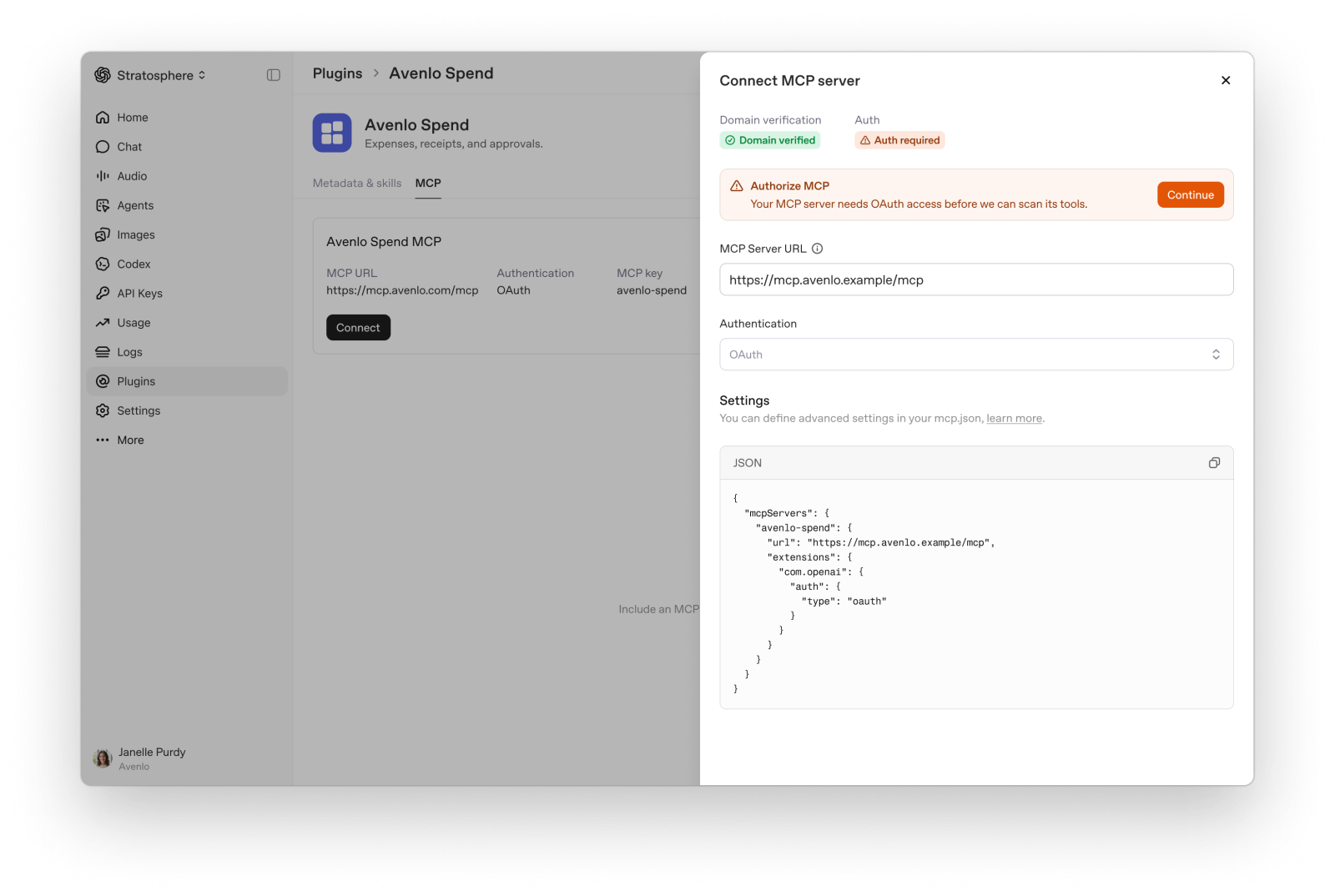 Connect MCP server drawer showing a verified domain and pending OAuth authorization.