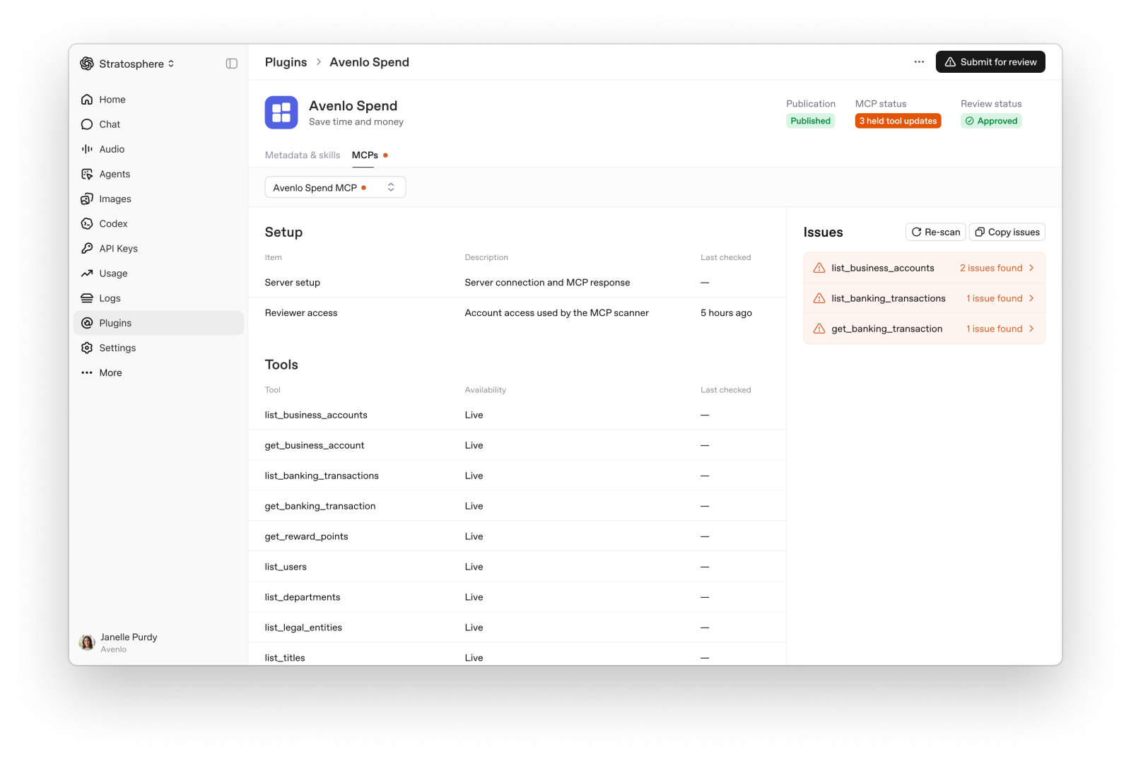 MCP tools showing live availability, held updates, and scan findings.