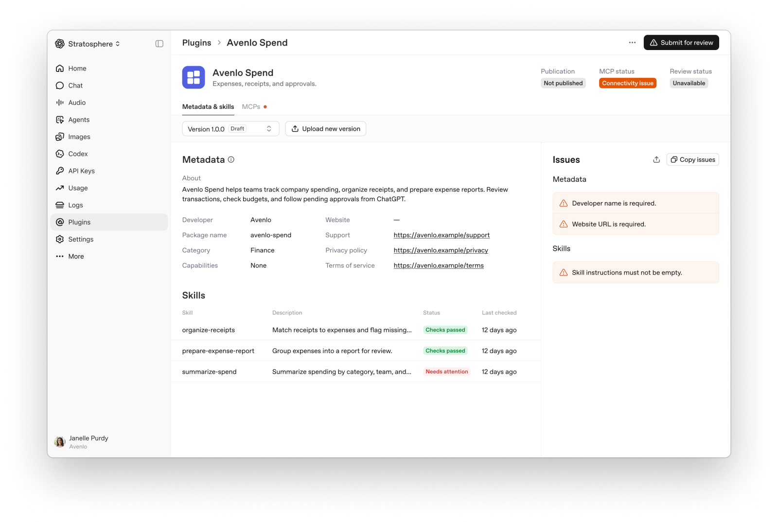 Plugin metadata and skills with automated findings in the Issues panel.