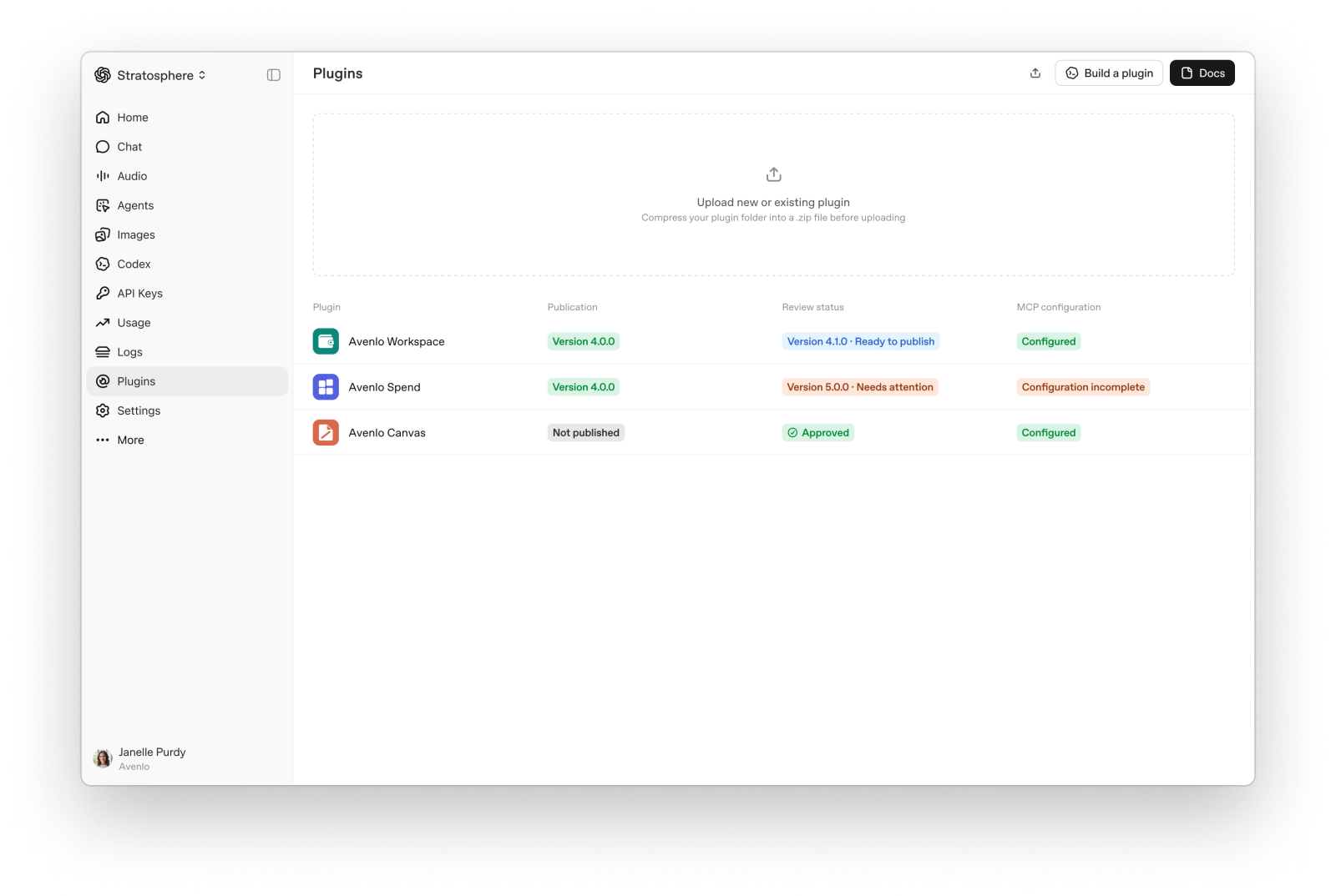 Plugins dashboard showing upload, publication, review, and MCP setup status.