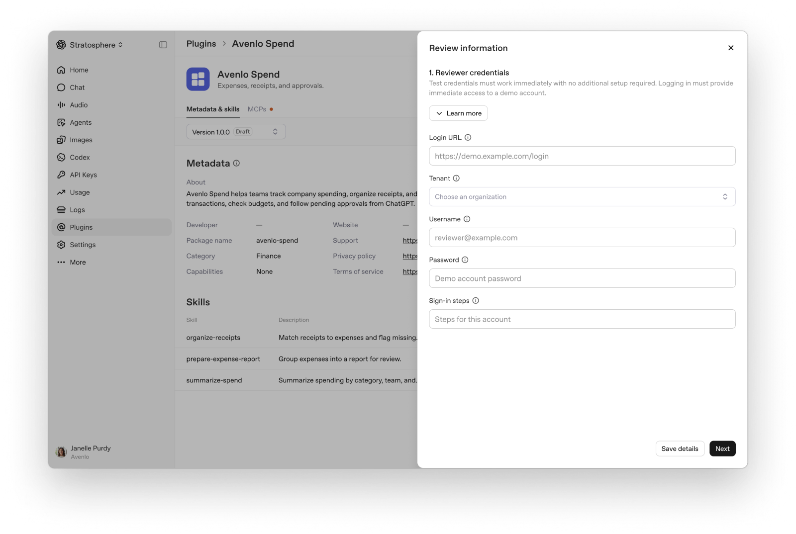 Review information drawer with fields for reviewer credentials and sign-in instructions.