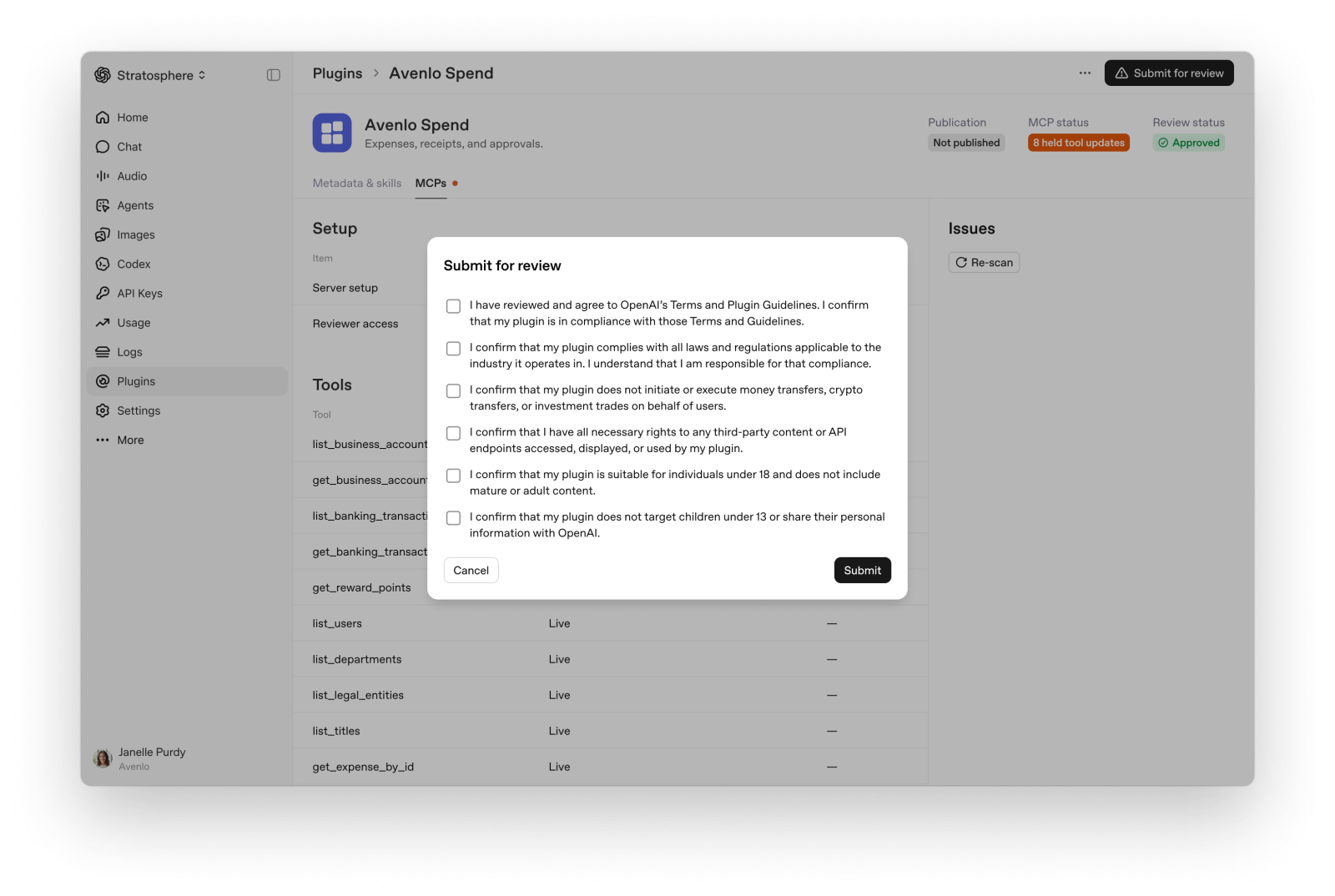 Submit for review dialog with required policy attestations.