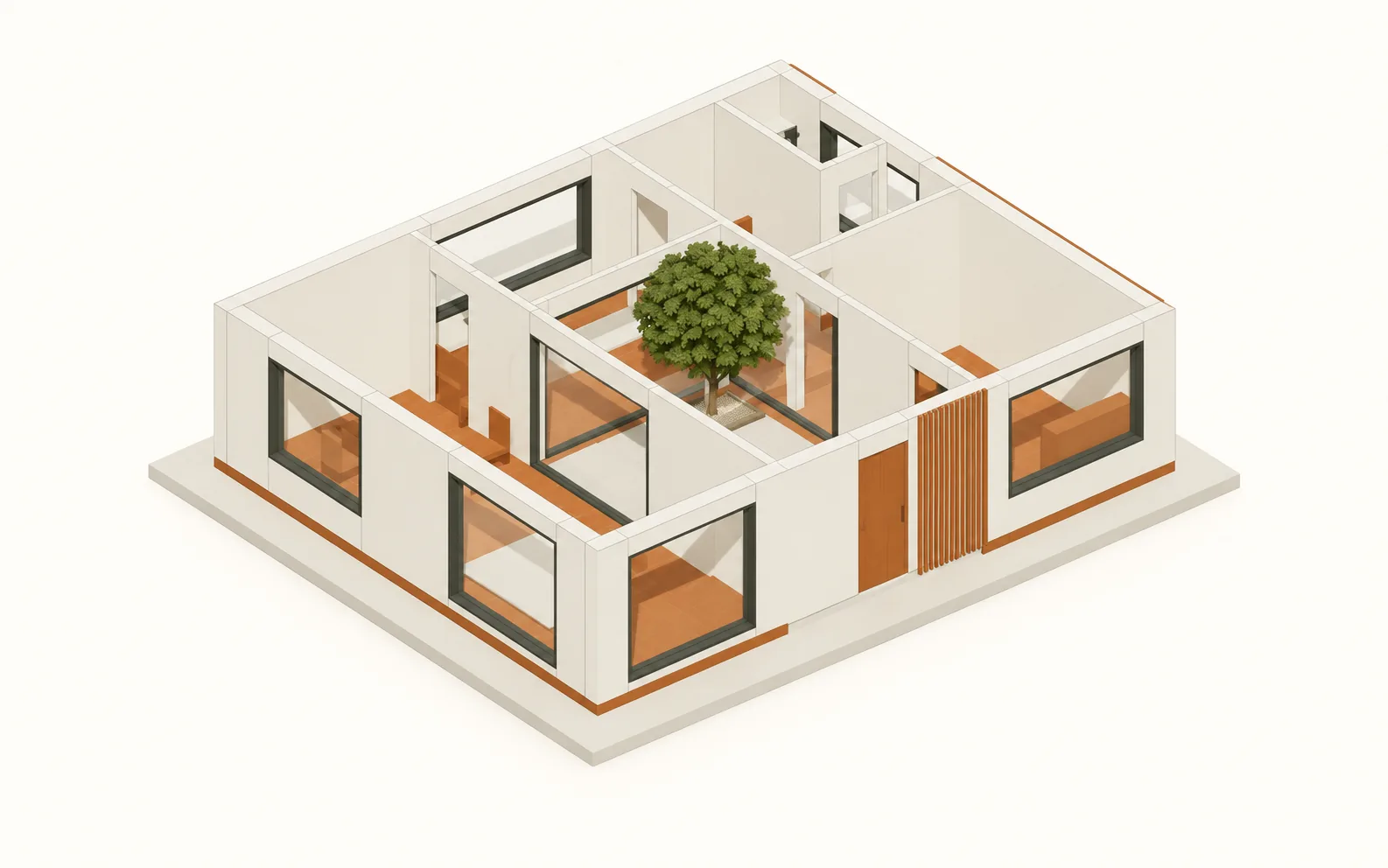 Showcase cover edited from the Courtyard House screenshot, framing the roof-off house and planted courtyard without interface overlays.