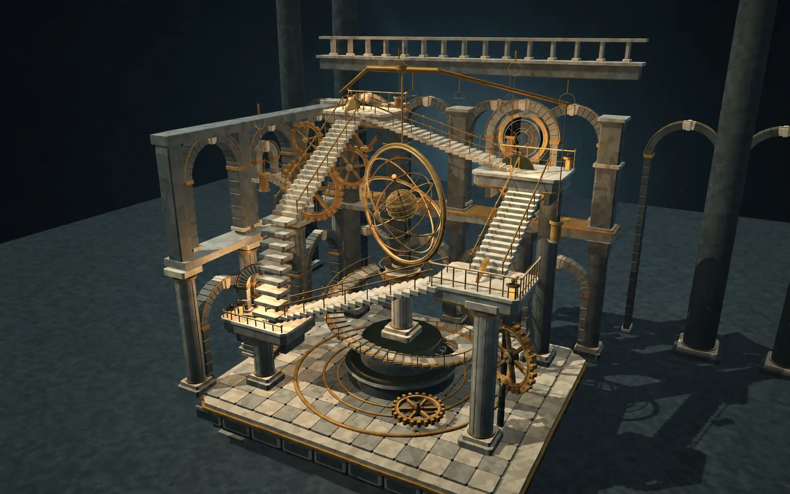 Showcase cover edited from the Clockwork Observatory screenshot, with its brass mechanisms and stone staircases visible without interface overlays.