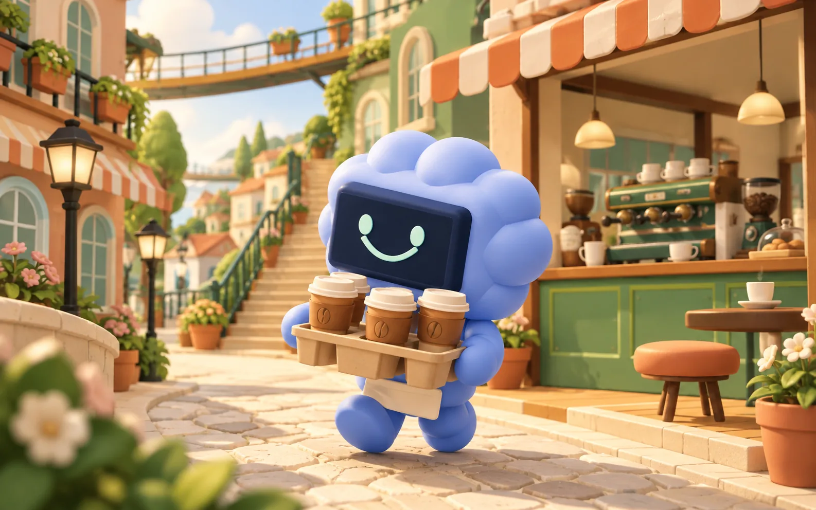 Generated cover illustration of the blue Little Ritual courier carrying four coffees through its warm miniature café neighborhood.