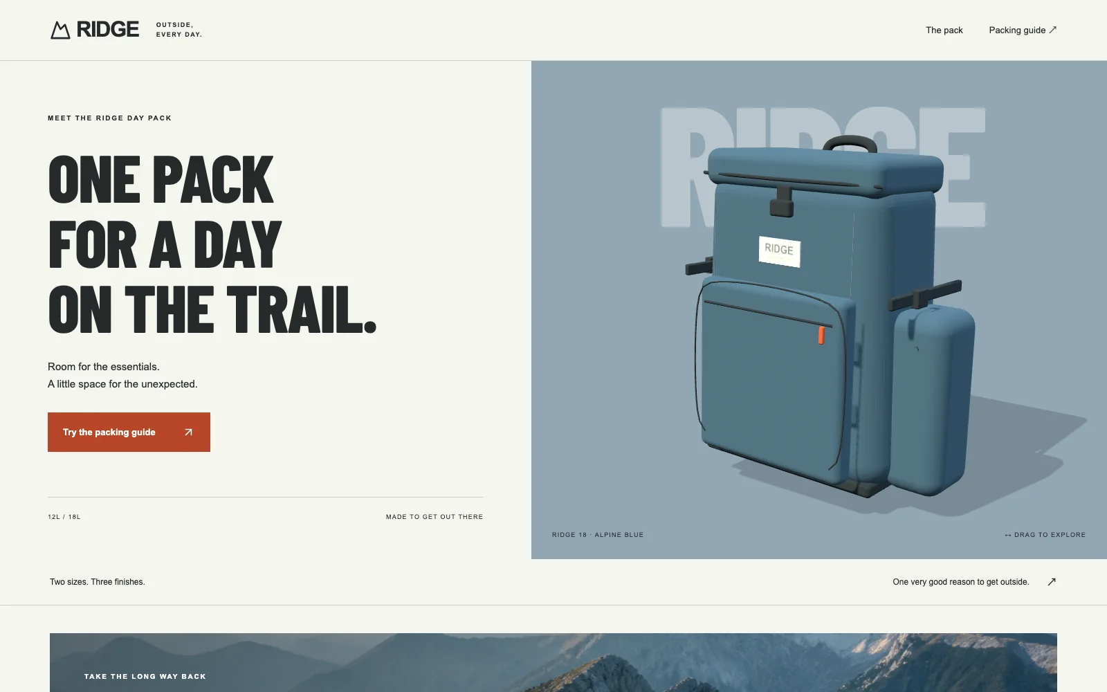 Ridge Pack app with the blue 3D day pack, product headline, size and finish choices, and packing guide entry point.