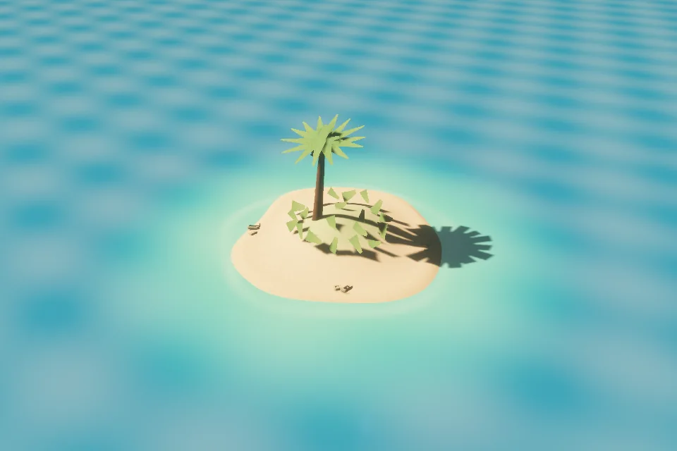 Early island prototype with a spiky palm, sparse foliage, and flat turquoise water.