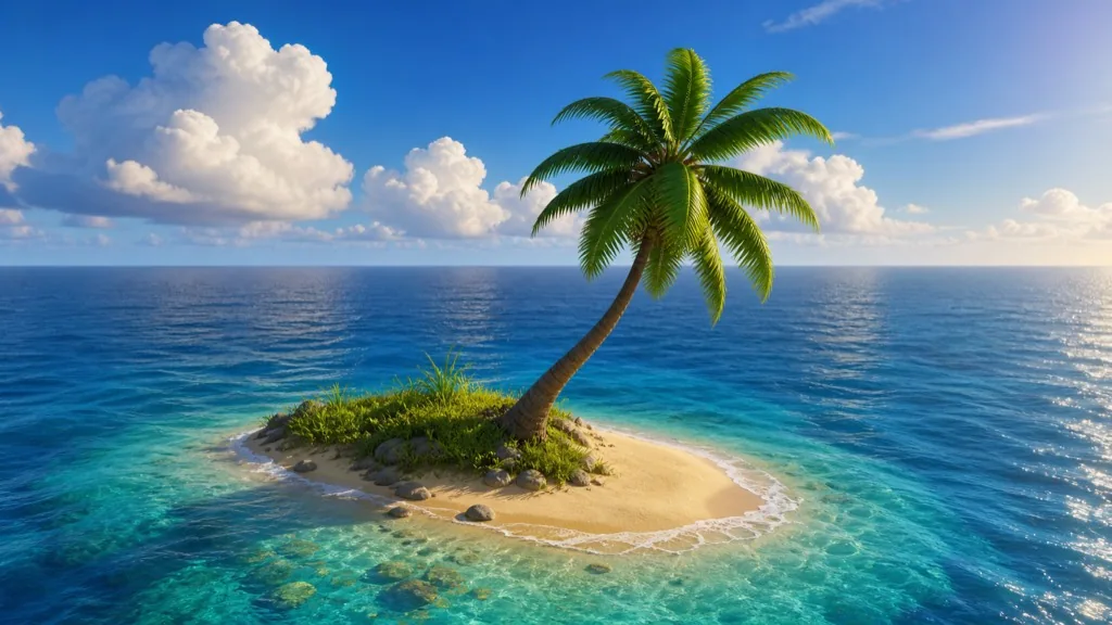 Generated visual reference of a leaning palm on a sunlit island with clear turquoise shallows and a detailed reef.